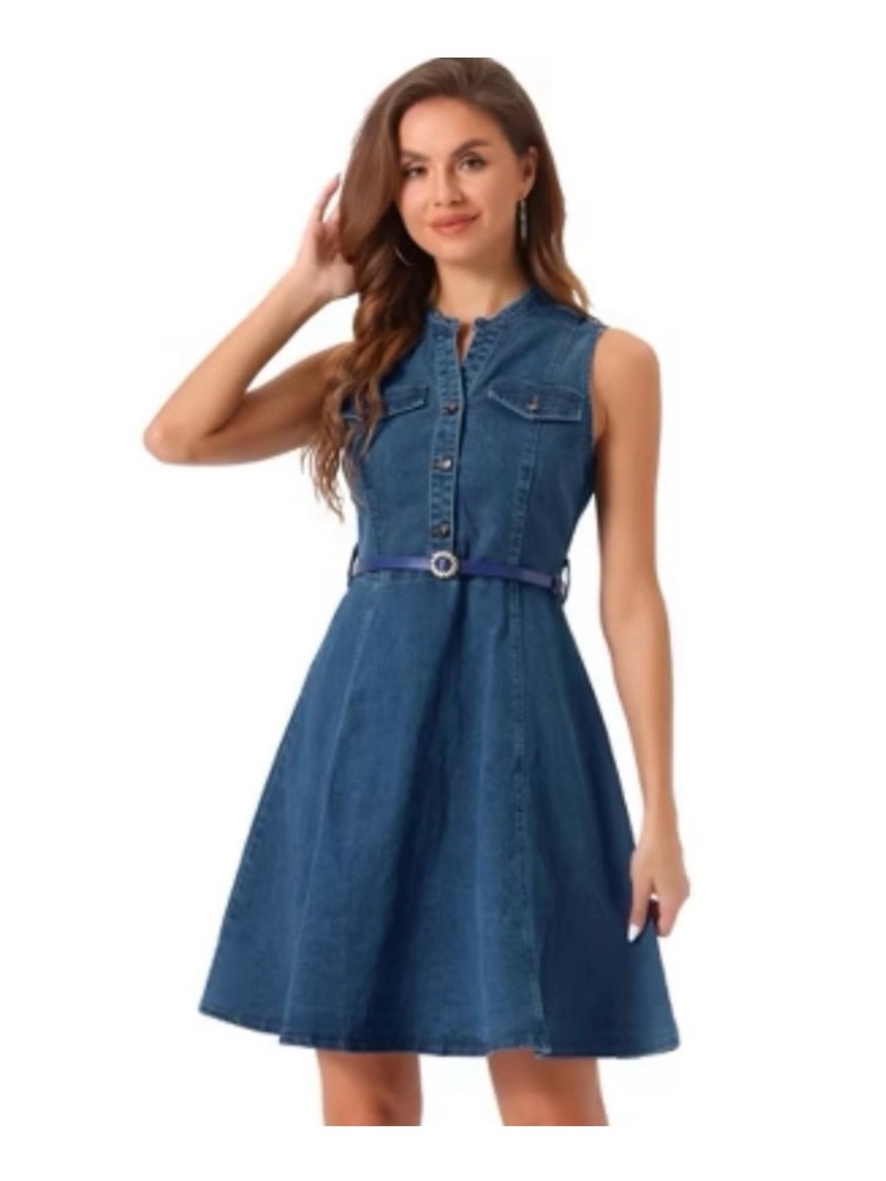 Allegra K Women’s Denim Sleeveless V Neck Fit and Flare Dress Size Small new